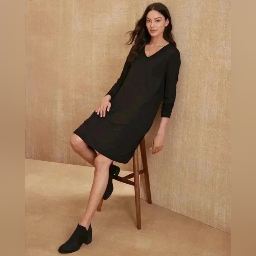 Eileen Fisher Stretch Tencel Jersey V Neck Dress Black Size Small